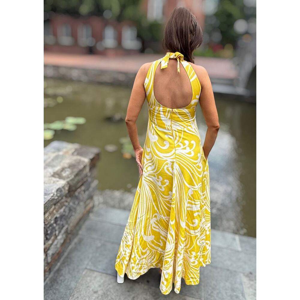 Geoffrey Beene Boutique 1970’s Yellow Maxi Dress Open Bow Back Pockets